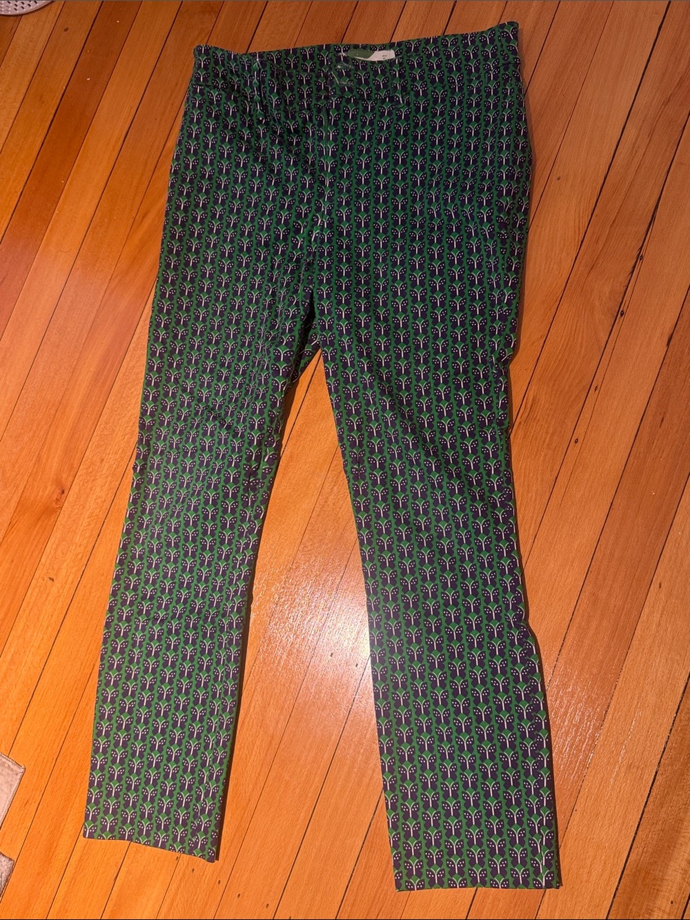 Anthropologie Green and navy Printed Slim Trousers